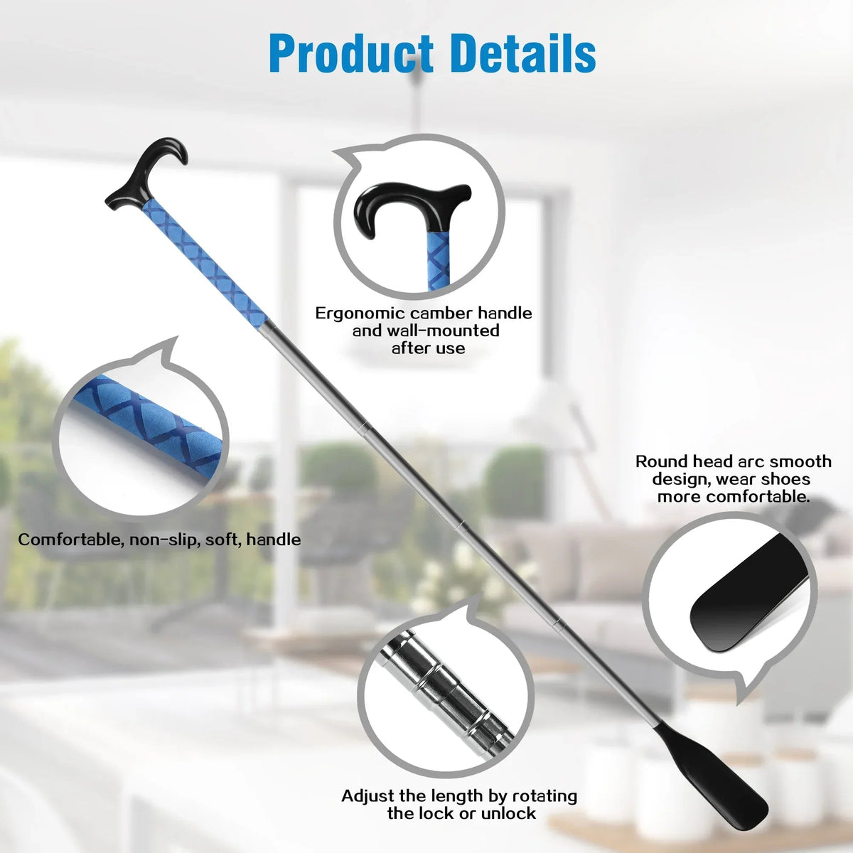 KEKOY Shoe Horn with Long Handle, 14" to 34" Adjustable and Retractable Expander Shoe Stick, Portable Stainless Steel Long Shoehorn for Seniors with Travel Bag