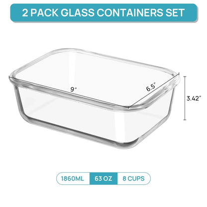 2Pack 1860ml/ 63oz Large Glass Storage Containers with Lids, Meal Prep Food Container Set with Snap Airtight Lid for Baking, Microwave, Oven, Leak Proof, for Freezer, Dishwasher, Grey