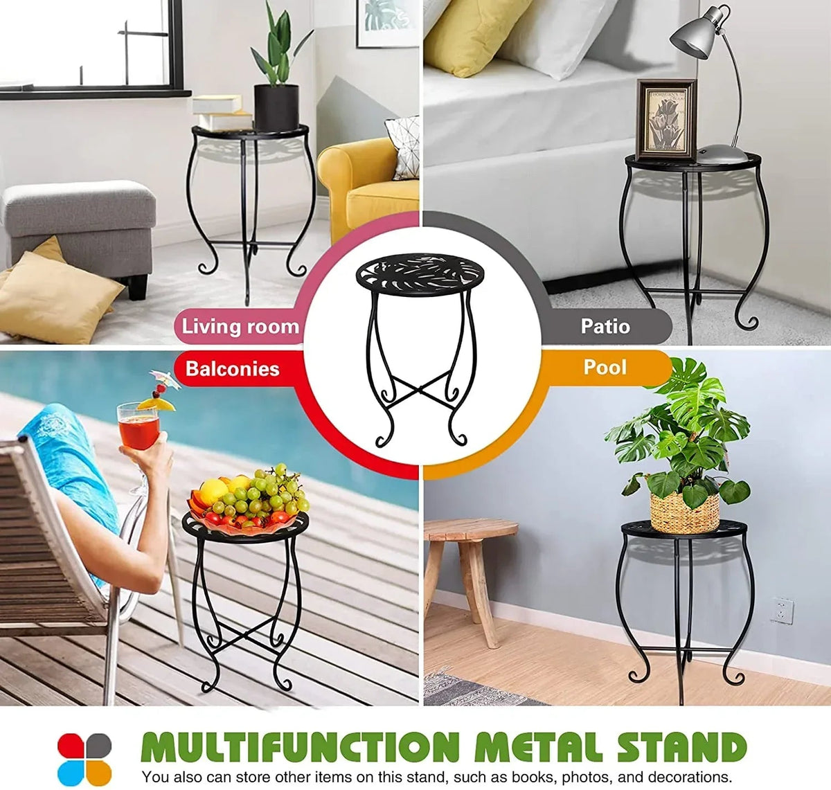KABB 15'' Tall Plant Stand for Flower Pot Set of 1, Round Metal Plant Stand Indoor, Decorative Black Flower Pot Stand Plant Table