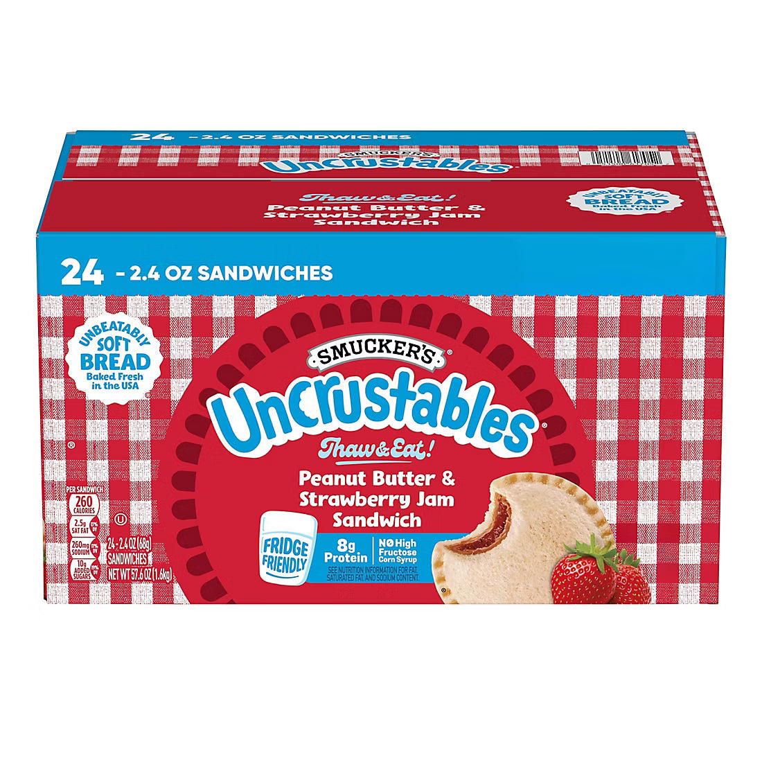 Smucker's Uncrustables Peanut Butter & Strawberry Jam Sandwiches, Mega Pack, Frozen, 24 ct./2.4 oz.