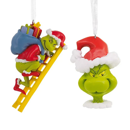 Hallmark Grinch on Ladder and Grinch in Santa Hat, Set of 2 Ornaments