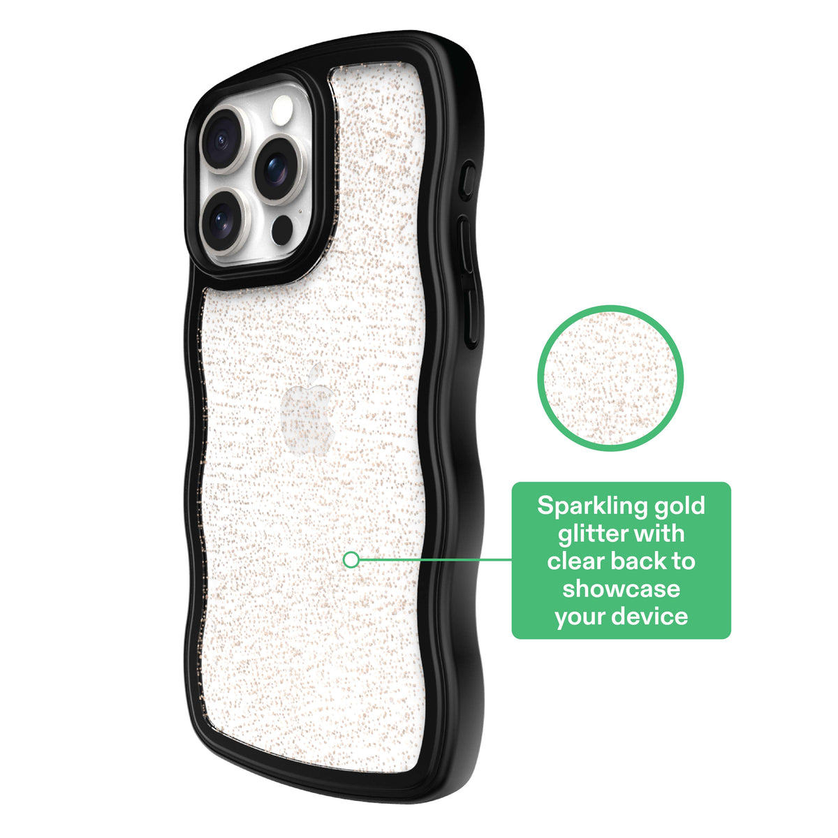onn Wavy Grip Phone Case for iPhone 15 Pro Max - Black/Gold Glitter