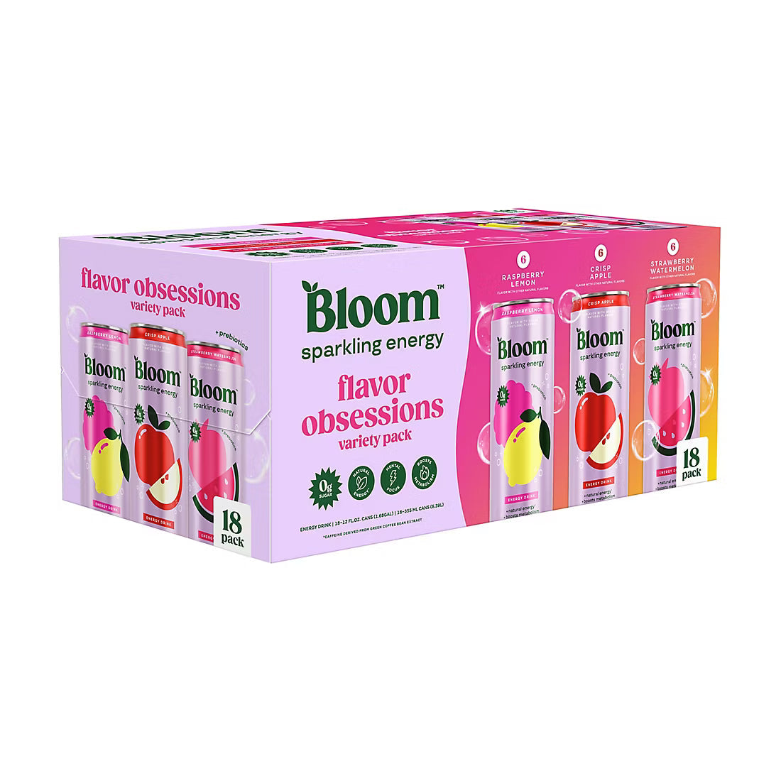 Bloom Sparkling Energy Variety Pack, Zero Sugar, 10 Calories, 180mg Caffeine, Cans, 18 pk./12 oz.