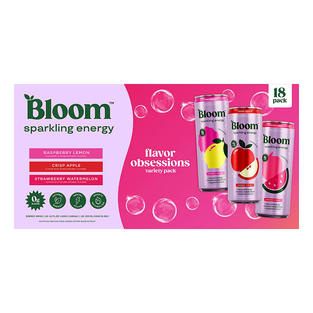 Bloom Sparkling Energy Variety Pack, Zero Sugar, 10 Calories, 180mg Caffeine, Cans, 18 pk./12 oz.