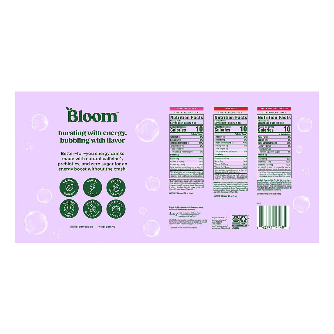 Bloom Sparkling Energy Variety Pack, Zero Sugar, 10 Calories, 180mg Caffeine, Cans, 18 pk./12 oz.
