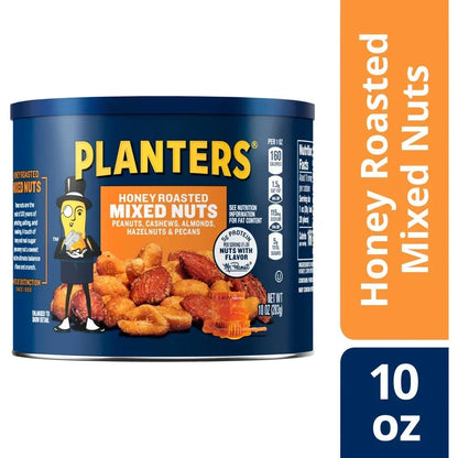 Honey Roasted Mixed Nuts, Party Snacks, Plant-Based Protein, 10 Oz Canister