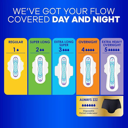 Always Ultra Thin Pads Duo Pack, Feminine Pads, Size 2 Long Super and 4 Overnight Absorbency, 74 ct.
