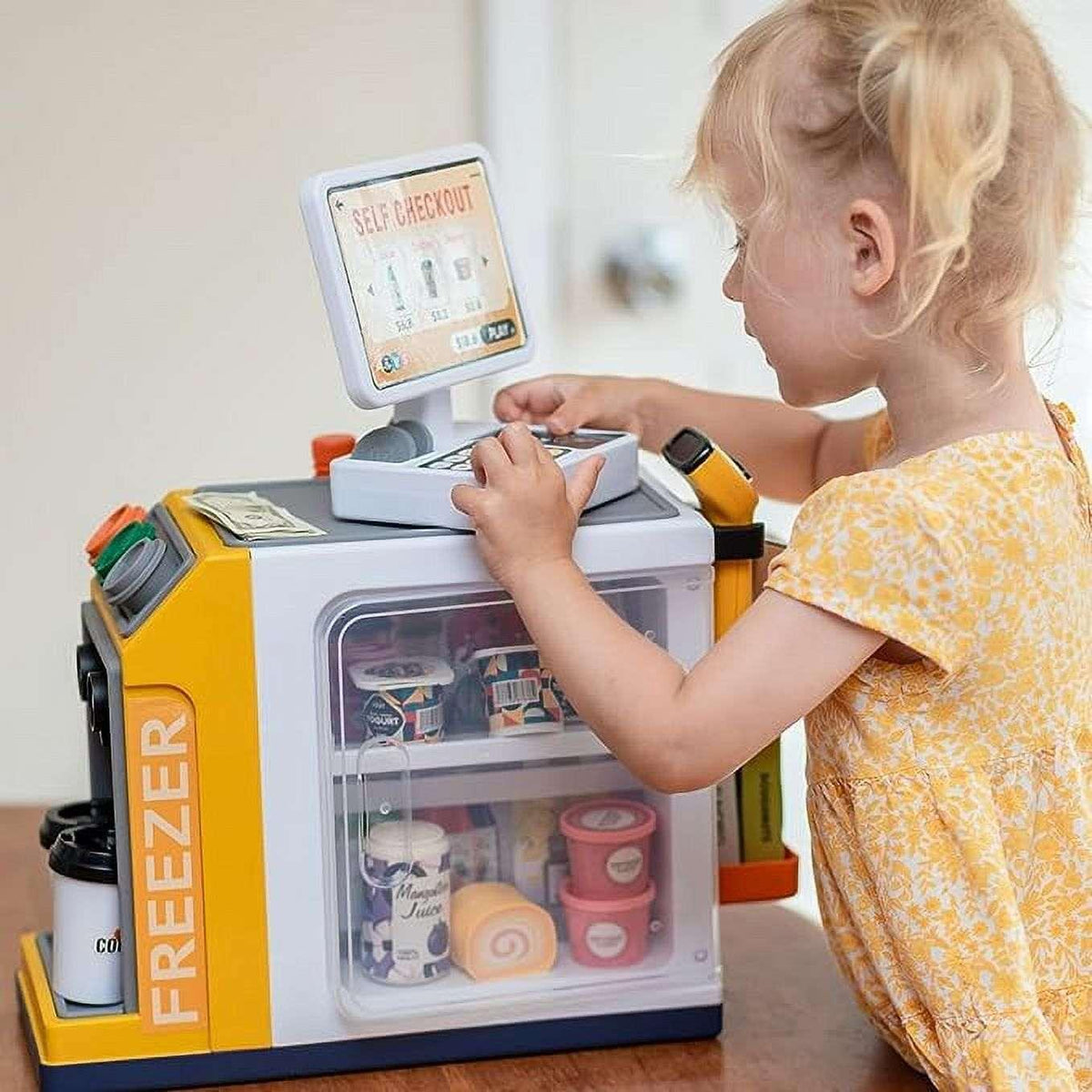 Adofi 46PCS Cash Register for Kids, Kids Pretend Play Toys with Scanner, Shopping Cart, Calculator, Play Food, Toddler Toys for Boys Girls, Toys for Girls 3 6 Years, Kids Toys Cash Register-Yellow