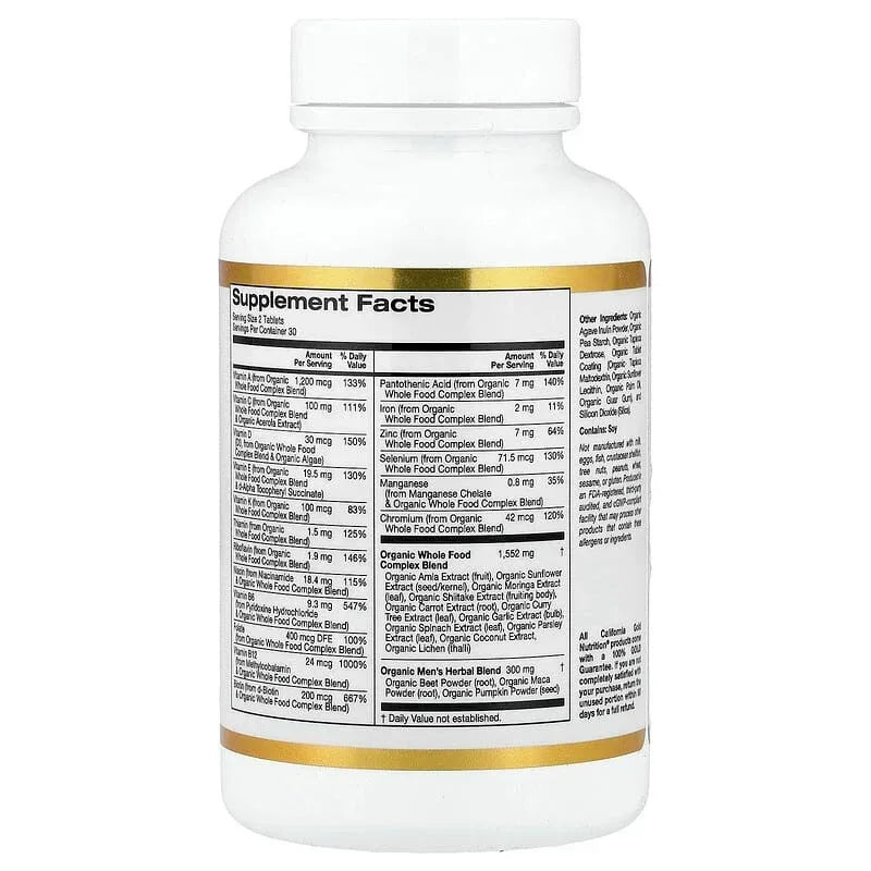 California Gold Nutrition, Organic Whole Food Men's 40+ Multivitamin with Organic Amla Extract, Organic Sunflower Extract, Organic Moringa Extract, and Organic Shiitake Extract , 60 Tablets