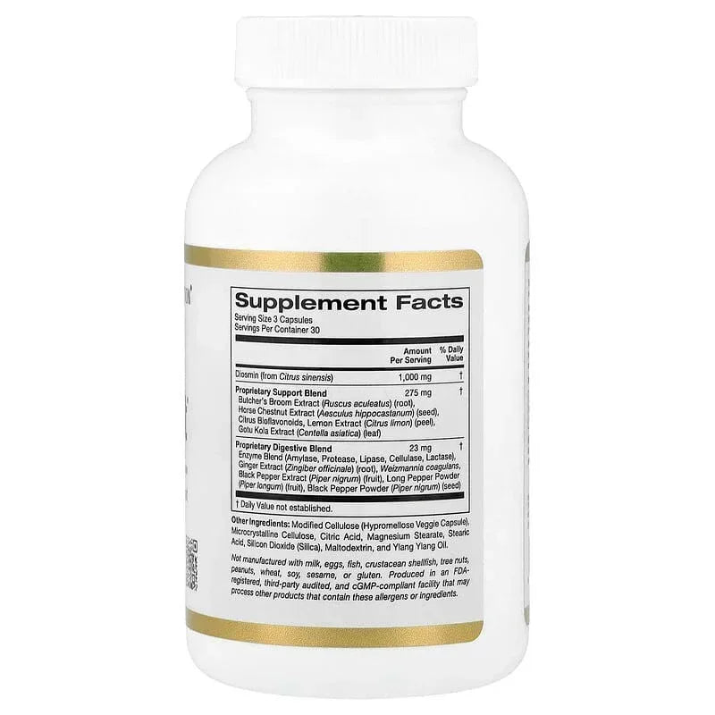 California Gold Nutrition, Vein Support with Diosmin, Butcher's Broom, Horse Chestnut, Bioflavonoids and Enzymes, 90 Veggie Capsules