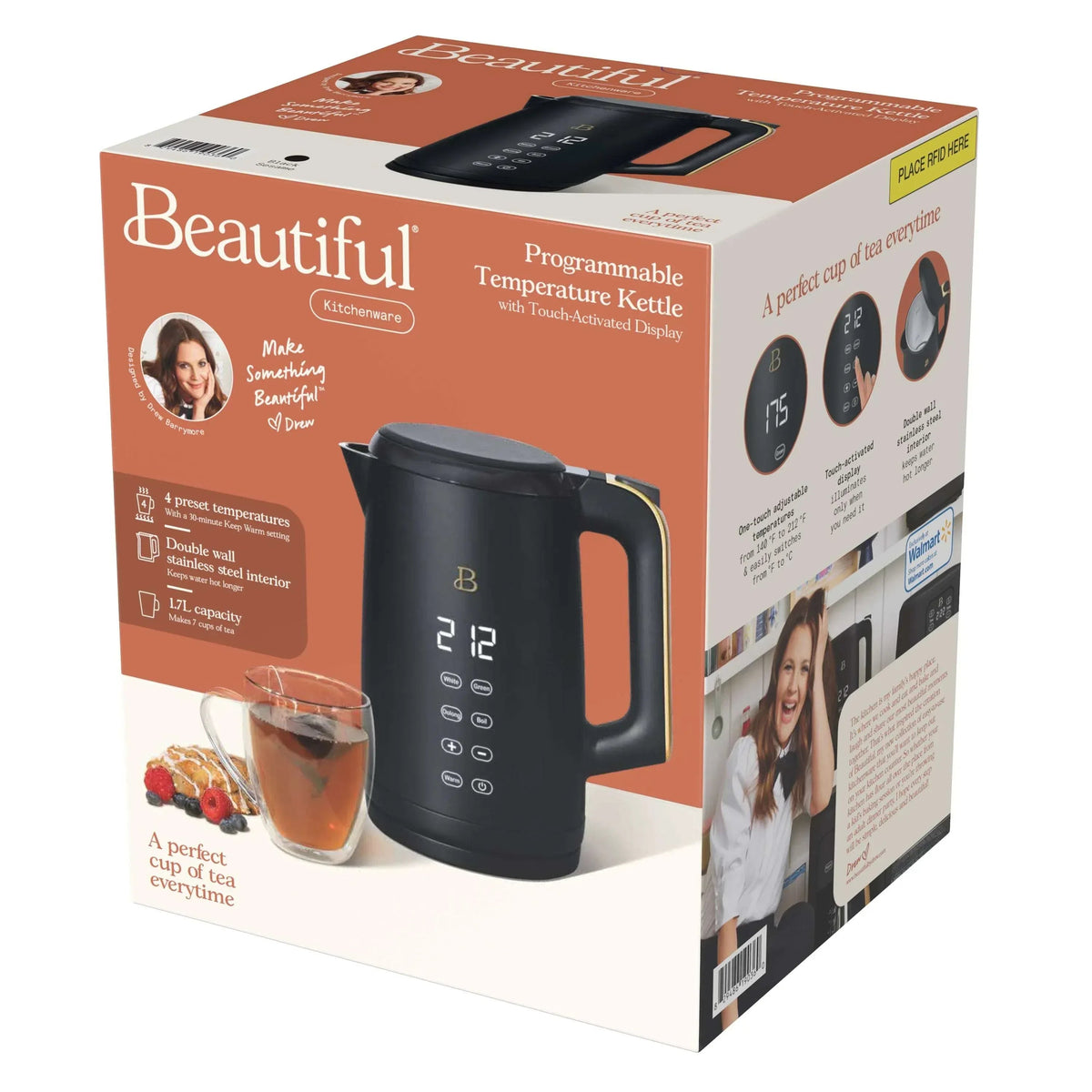 Beautiful 1.7-Liter Electric Kettle 1500 W with One-Touch Activation, sesame black by Drew Barrymore