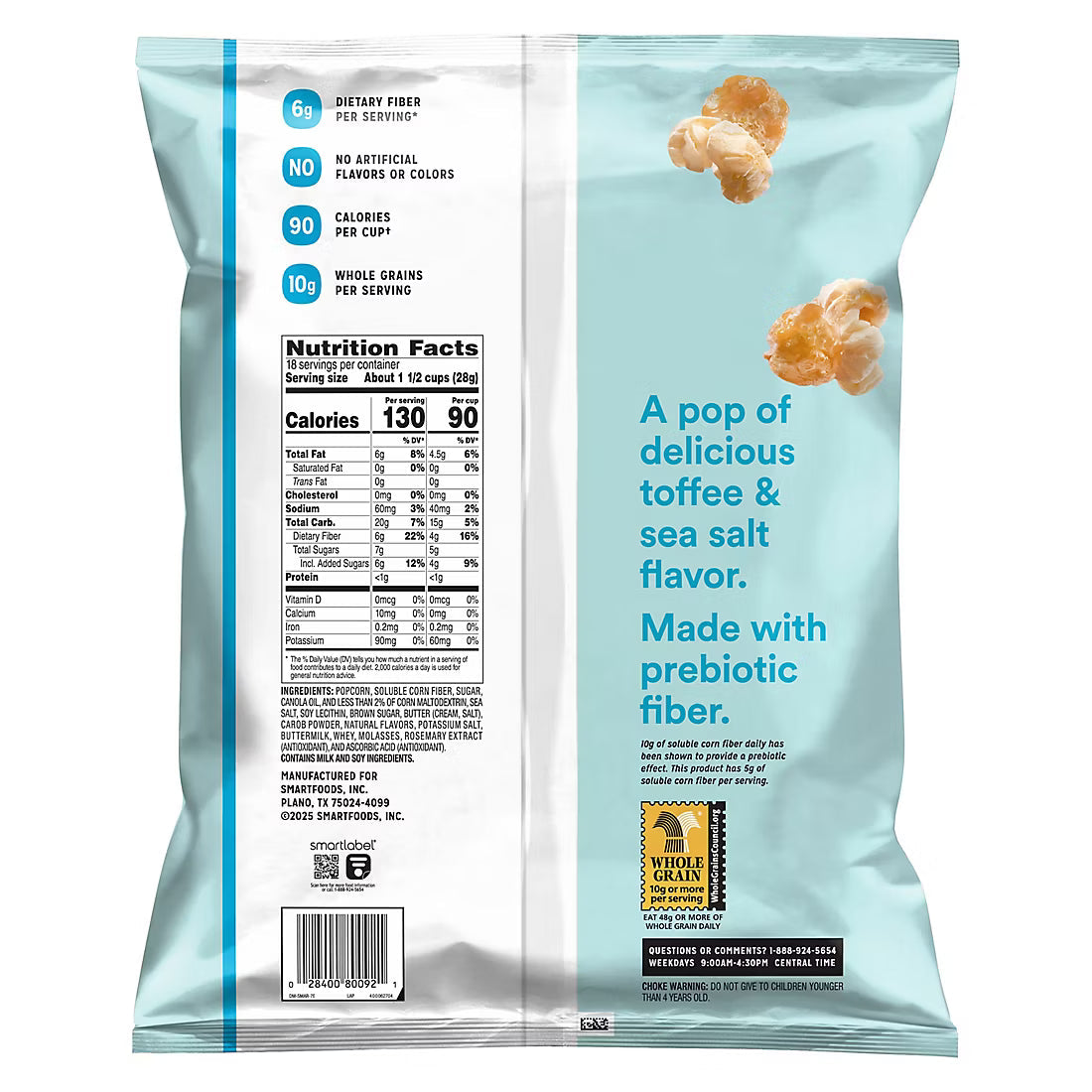 Smartfood Fiber Pop Popcorn, Toffee & Sea Salt Flavored, 18 oz.