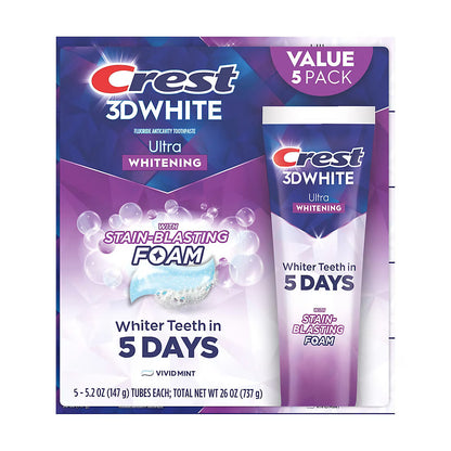 Crest 3D White Ultra Whitening Toothpaste, Vivid Mint, 5 pk./5.2 oz.
