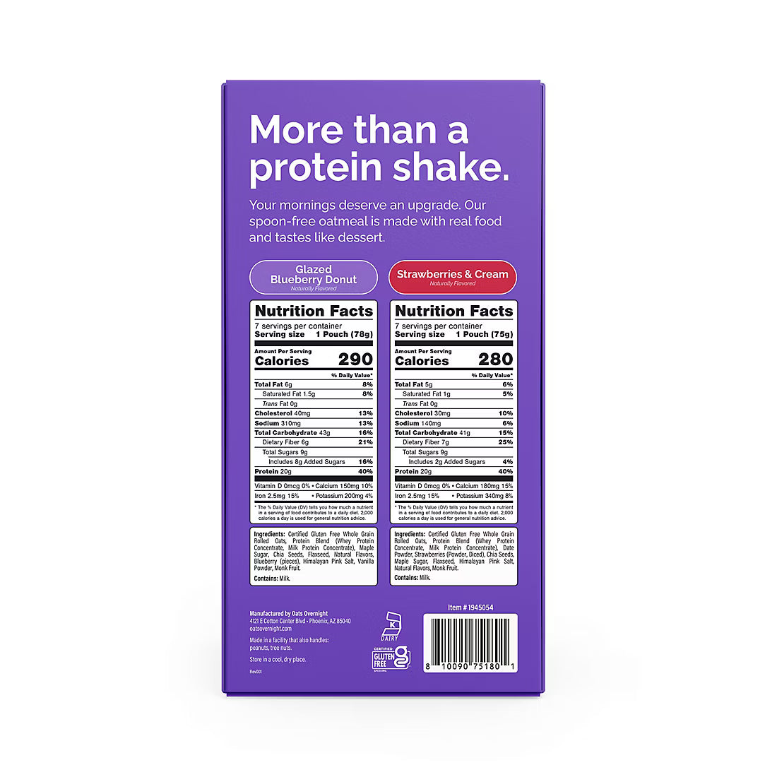 Oats Overnight High Protein Oatmeal Shakes, Strawberries & Cream and Blueberry Glazed Donut, 14 pk.
