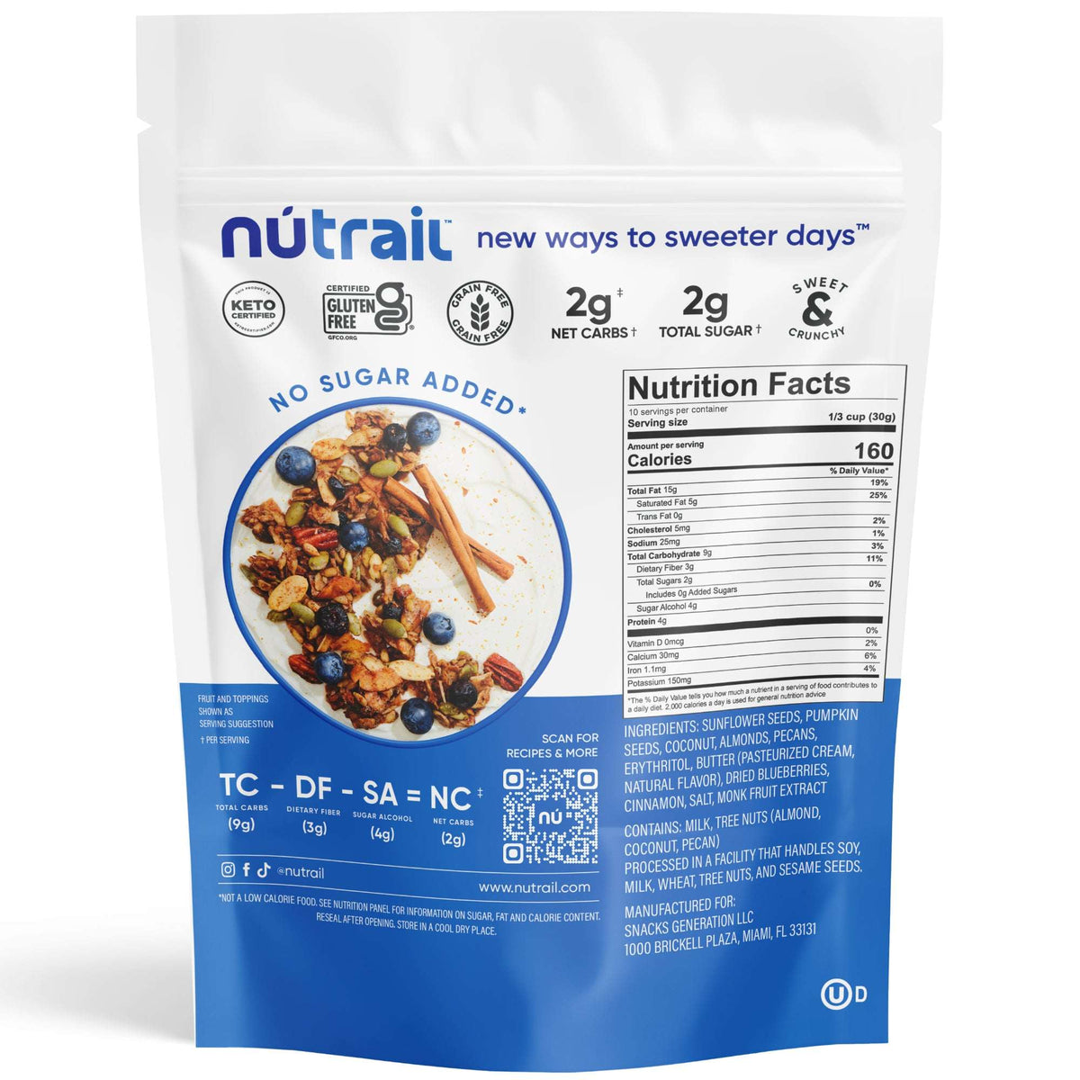 NuTrail Nut Granola Cereal, Blueberry Cinnamon, No Sugar Added, Keto, Gluten Free, 11 oz. 1 Count
