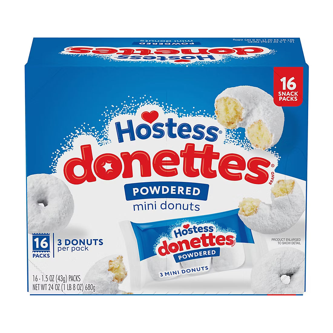 Hostess Powdered Donettes, Powdered Mini Donuts, Easy On-The-Go Snack, 16 ct./1.5 oz.