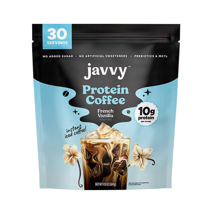Javvy French Vanilla Protein Coffee, 80mg Caffeine, 10g Protein, Bag, 17.8 oz.