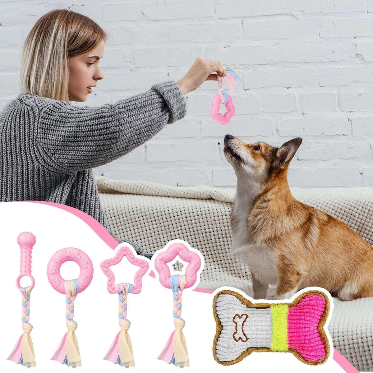 Armscye 5 Pack Puppy Chew Toys for Teething Small Dogs, Pink Rubber Puppy Teething Toys Plush Squeaky Dog Toys for Cleaning Teeth Interactive Pet Doggy Bone Toys