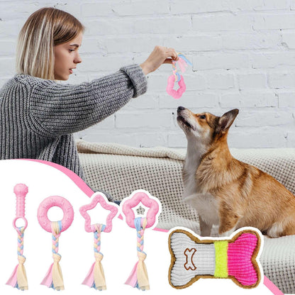 Armscye 5 Pack Puppy Chew Toys for Teething Small Dogs, Pink Rubber Puppy Teething Toys Plush Squeaky Dog Toys for Cleaning Teeth Interactive Pet Doggy Bone Toys