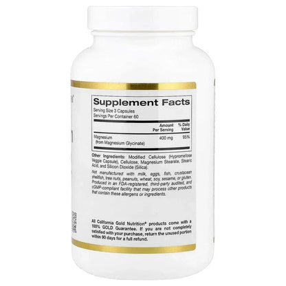 California Gold Nutrition, Magnesium Glycinate, 180 Veggie Capsules (133 mg per Capsule)