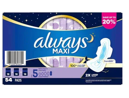 Always Extra-Heavy Overnight Maxi Pads with Flexi-Wings, 54 ct.