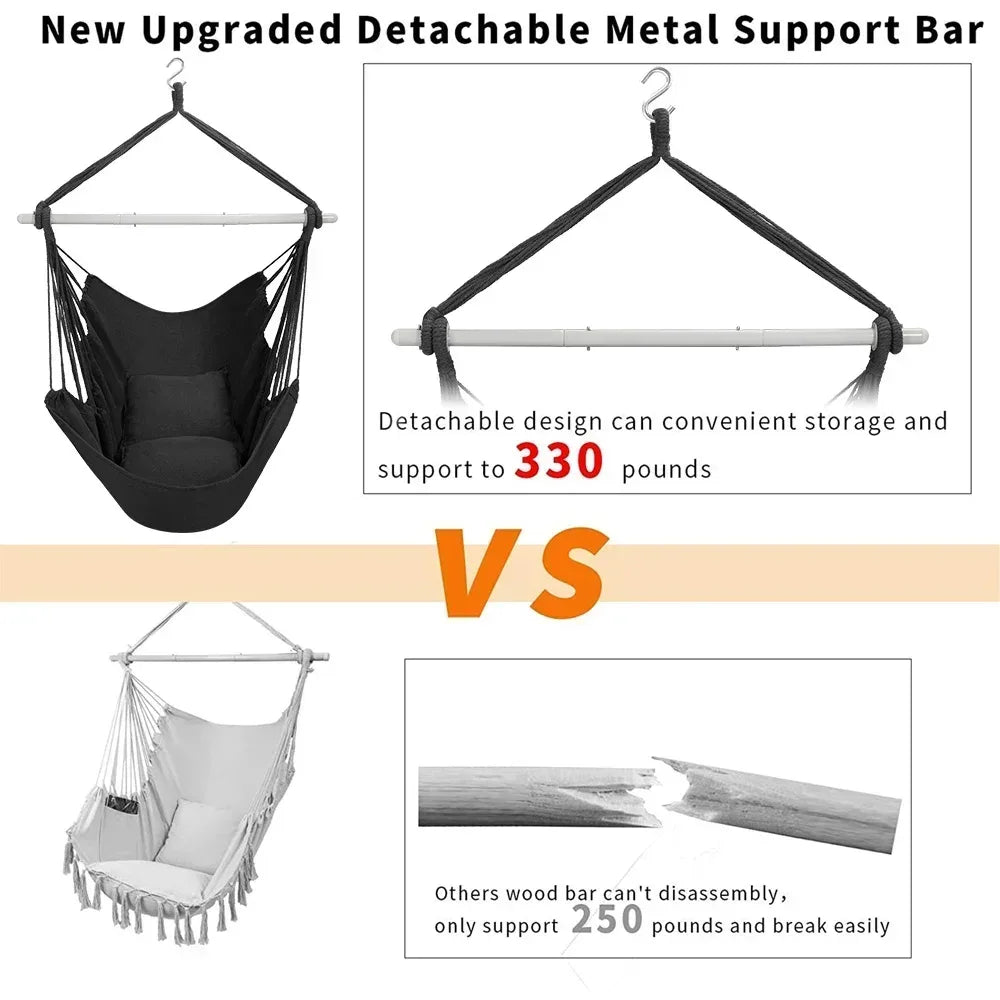 Large Hammock Chair Swing, Relax Hanging Rope Swing Chair with Detachable Metal Support Bar & Two Seat Cushions, Cotton Hammock Chair Swing Seat for Yard Bedroom Patio Porch Indoor Outdoor