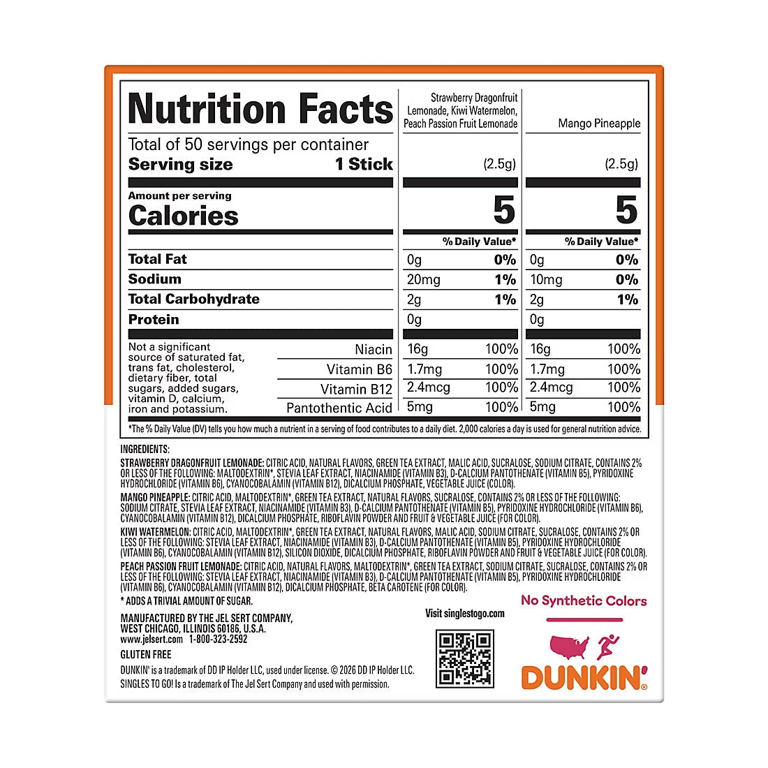 Dunkin' Refreshers Drink Mix Variety Pack, Singles To Go, 80mg Caffeine, 50 ct.