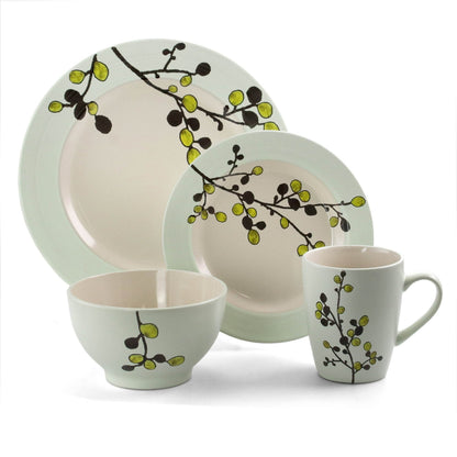 Elama Retro Bloom 16 Piece Round Stoneware Dinnerware Set in Green