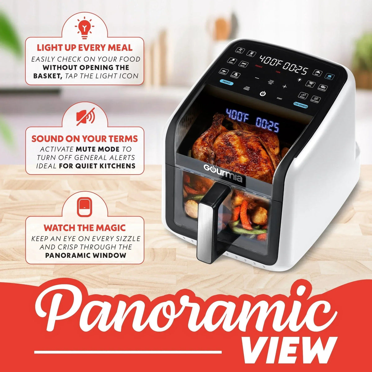 Gourmia Panorama 7-QT Digital Air Fryer with Panoramic View, Holographic Display, & 12 Presets, White