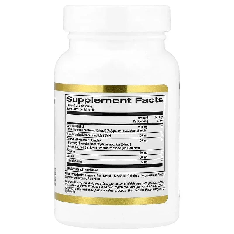 California Gold Nutrition, NMN Complex with trans-Resveratrol, Quercetin Phytosome Complex, Apigenin, and Luteolin, 60 Veggie Capsules