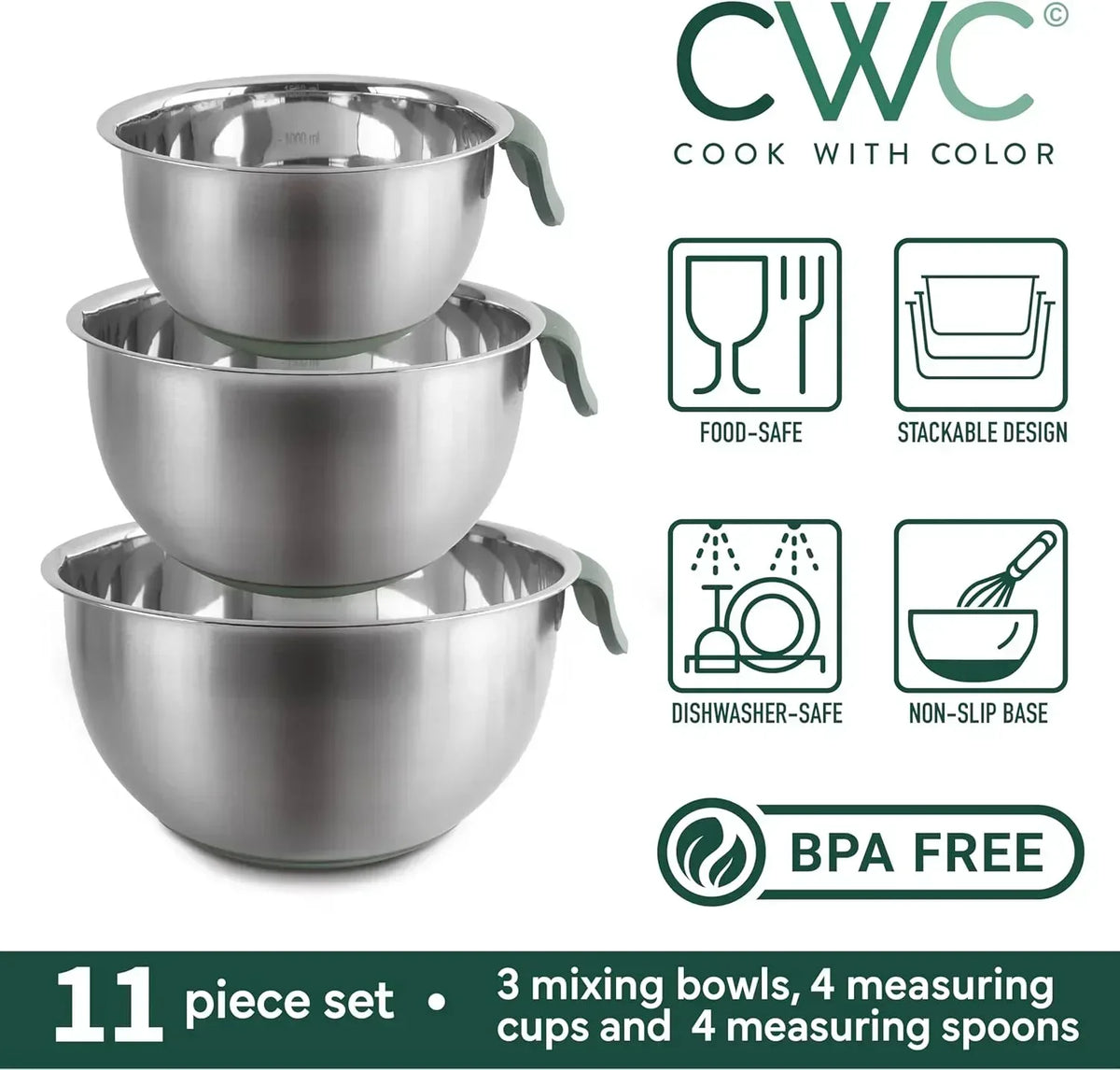 COOK WITH COLOR Stainless Steel Mixing Bowls Set and Measuring Cups- Nesting Bowls with Non-Slip Bottom and Easy-Grip Handles, 11 Pieces