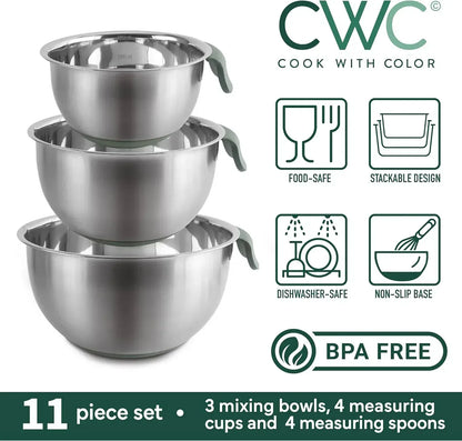 COOK WITH COLOR Stainless Steel Mixing Bowls Set and Measuring Cups- Nesting Bowls with Non-Slip Bottom and Easy-Grip Handles, 11 Pieces
