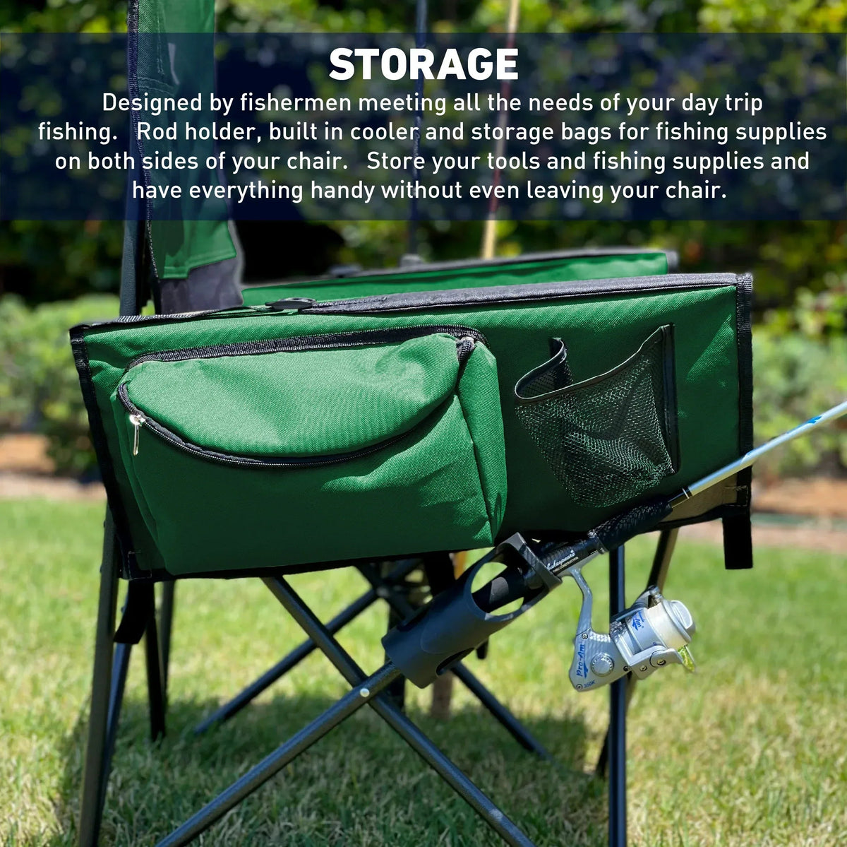 Fishing Chair with Rod Holder Built In Cooler Hands Free Fishing Pole Holder - Storage Pouch Storage Bag for Fishing Accessories Full Size Portable & Folding Ruler for Measuring Fish