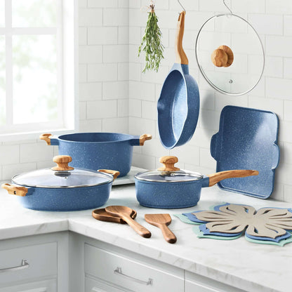 The Pioneer Woman Prairie Signature 14-Piece Cast Aluminum Cookware Set, Blue