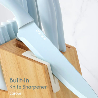 Carote 15-Piece Premium Kitchen Knife Set, Ceramic-Coated Blades with Stylish Wooden Block
