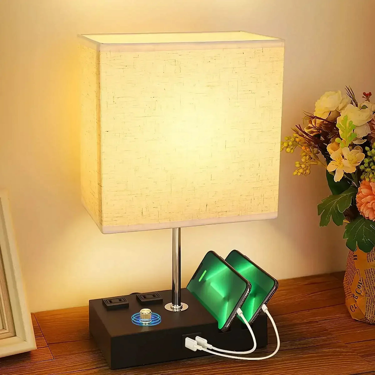 GPED Bedside Table Lamp for Bedroom with Dual Fast USB Charging Ports, Fully Dimmable Nightstand Lamps with 2 Phone Stands and 2 Charging Outlets, Desk lamp with Fabric Shade for Living Room