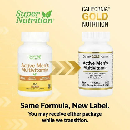 California Gold Nutrition, Active Men's Multivitamin with Panax Ginseng Extract, Maca, Saw Palmetto, and Tribulus, 180 Tablets