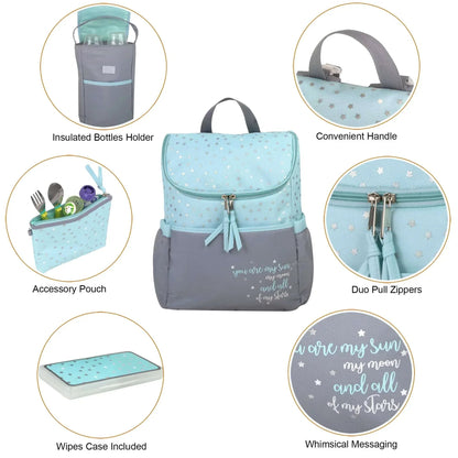 Baby Essentials 15.5”L 5 Piece Multi-Pocket Diaper Bag Backpack with Matching Changing Pad, Wipes Case, Insulated Bottle Bag & Organizer Pouch for Newborns, Infants & Toddlers in Blue & Gray Stars
