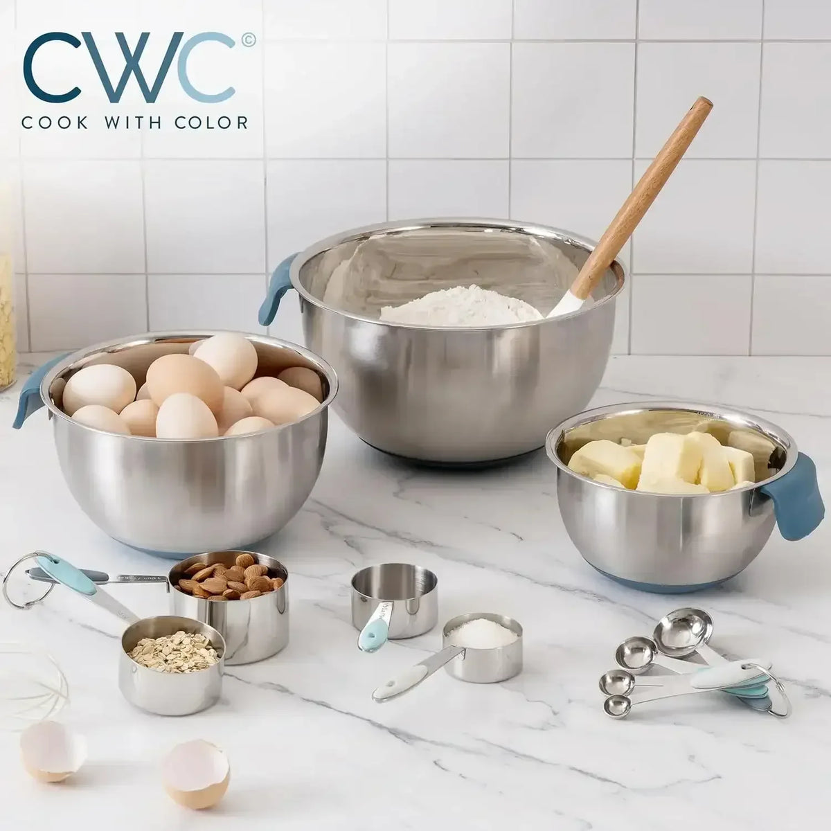 COOK WITH COLOR Stainless Steel Mixing Bowls Set and Measuring Cups- Nesting Bowls with Non-Slip Bottom and Easy-Grip Handles, 11 Pieces