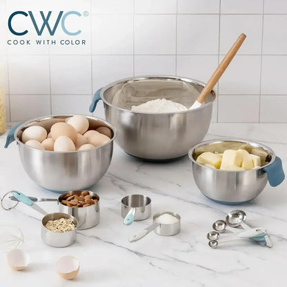 COOK WITH COLOR Stainless Steel Mixing Bowls Set and Measuring Cups- Nesting Bowls with Non-Slip Bottom and Easy-Grip Handles, 11 Pieces