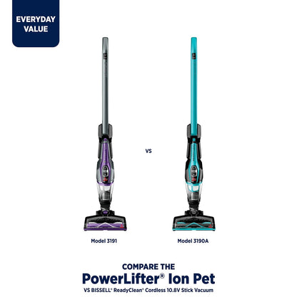 BISSELL PowerLifter Ion Pet Cordless Stick Vacuum, Carpet, Area Rugs, Hard Floor, Upholstery, 2 Way Fold Handle, Freestanding, Removeable Hand Vac, 3191, Purple