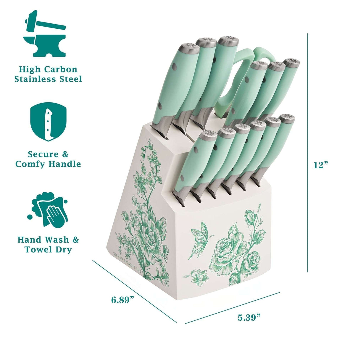 The Pioneer Woman 14 Pieces Knife Set with Decal Block Stainless Steel Knives, Forged, Green Agatha