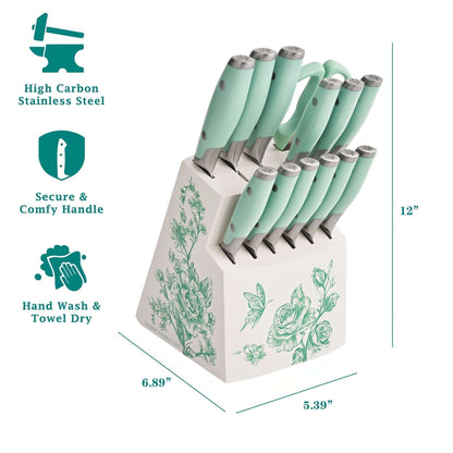 The Pioneer Woman 14 Pieces Knife Set with Decal Block Stainless Steel Knives, Forged, Green Agatha