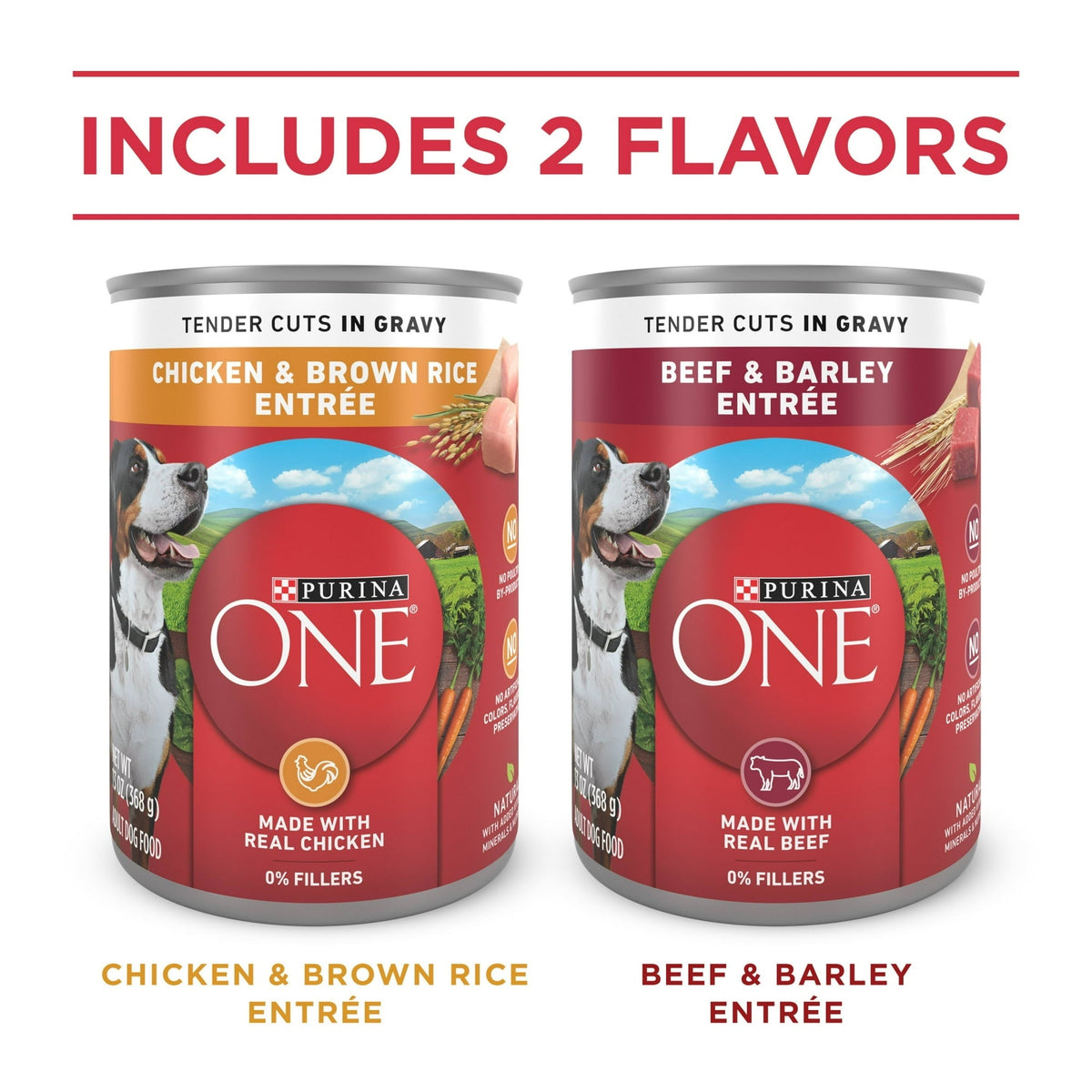 Purina ONE Tender Cuts in Gravy Chicken and Brown Rice, and Beef and Barley Entrees Wet Dog Food Variety Pack, 13 oz Cans ()
