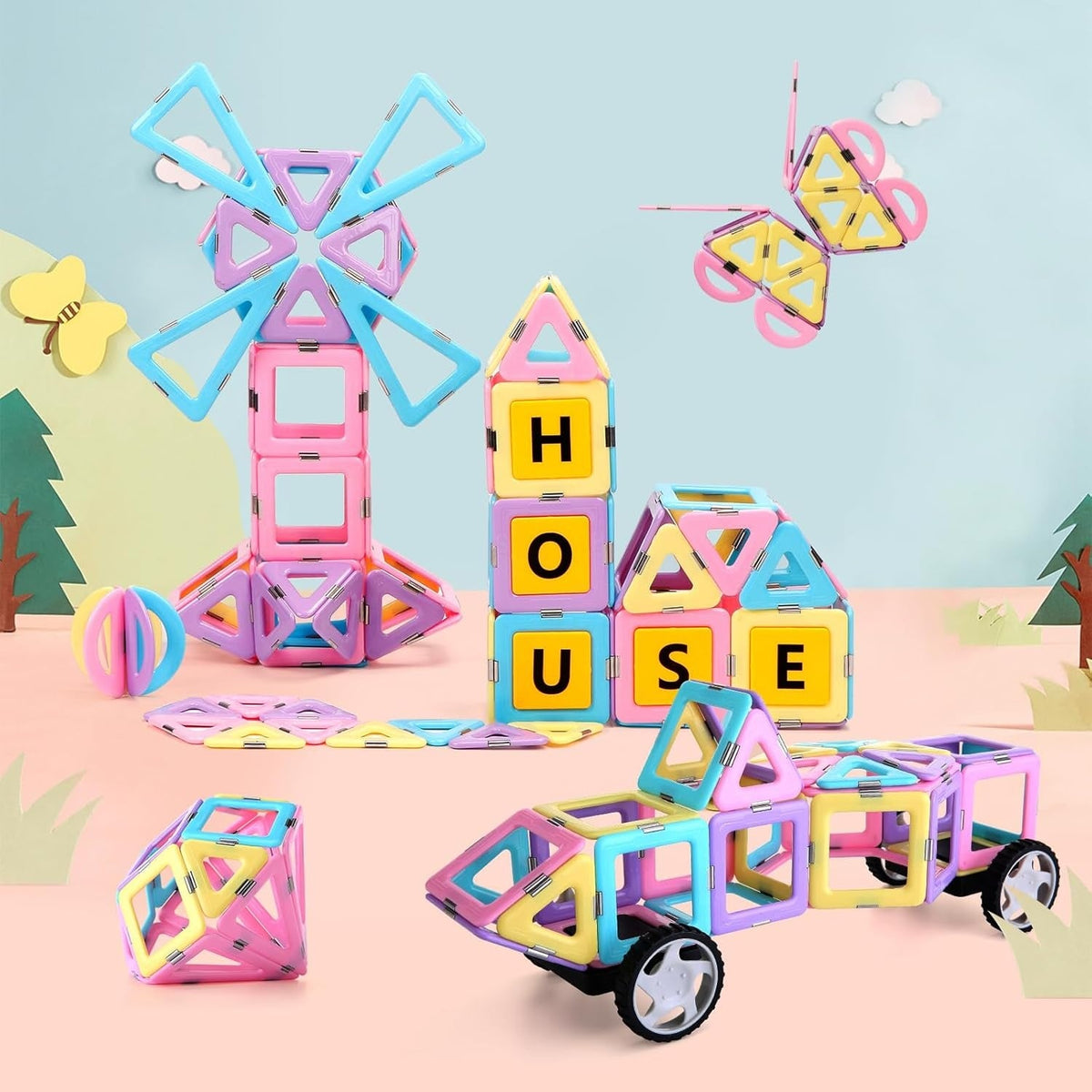 Magnetic Tiles 80pcs Magnet Building Blocks Set Creative Stacking Toys for Kids, 3D DIY Construction Kit Preschool Child Montessori Toys STEM Learning Toys Gifts for Girls Boys 3 4 5 6 7 Years