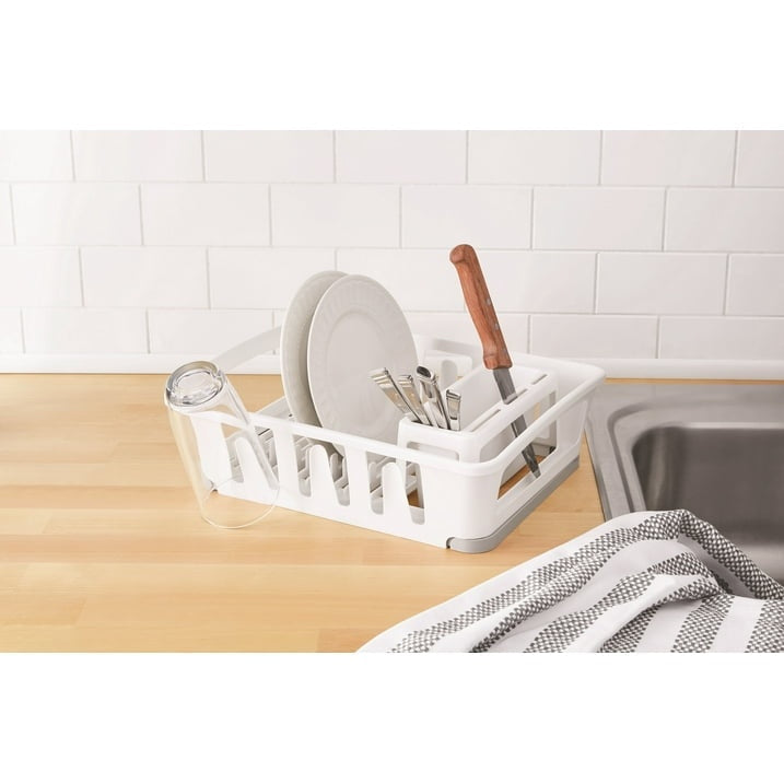 Mainstays Expandable Kitchen Dish Drying Rack with Utensil Holder, Countertop Dish Drainer Rack for Plates, Cups and Kitchen Sink Organization, White