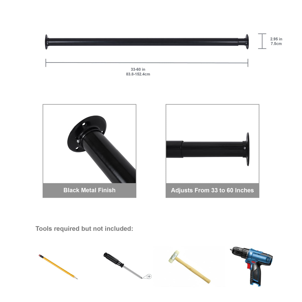 (2 pack) Better Homes & Gardens 33–60" Steel Adjustable Closet Rod for Adult, Black