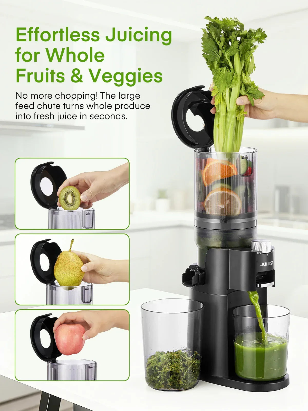 Juicer Machines, 4.13 Inch Cold Press Juicer, Slow Masticating Juicer – for Whole Fruits & Vegetables, Quiet, High Juice Yield, Easy to Clean, BPA Free (Black)