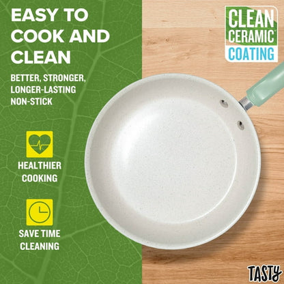 Tasty Clean Ceramic 16 Piece Non-Stick Aluminum Cookware Set, Sage Green