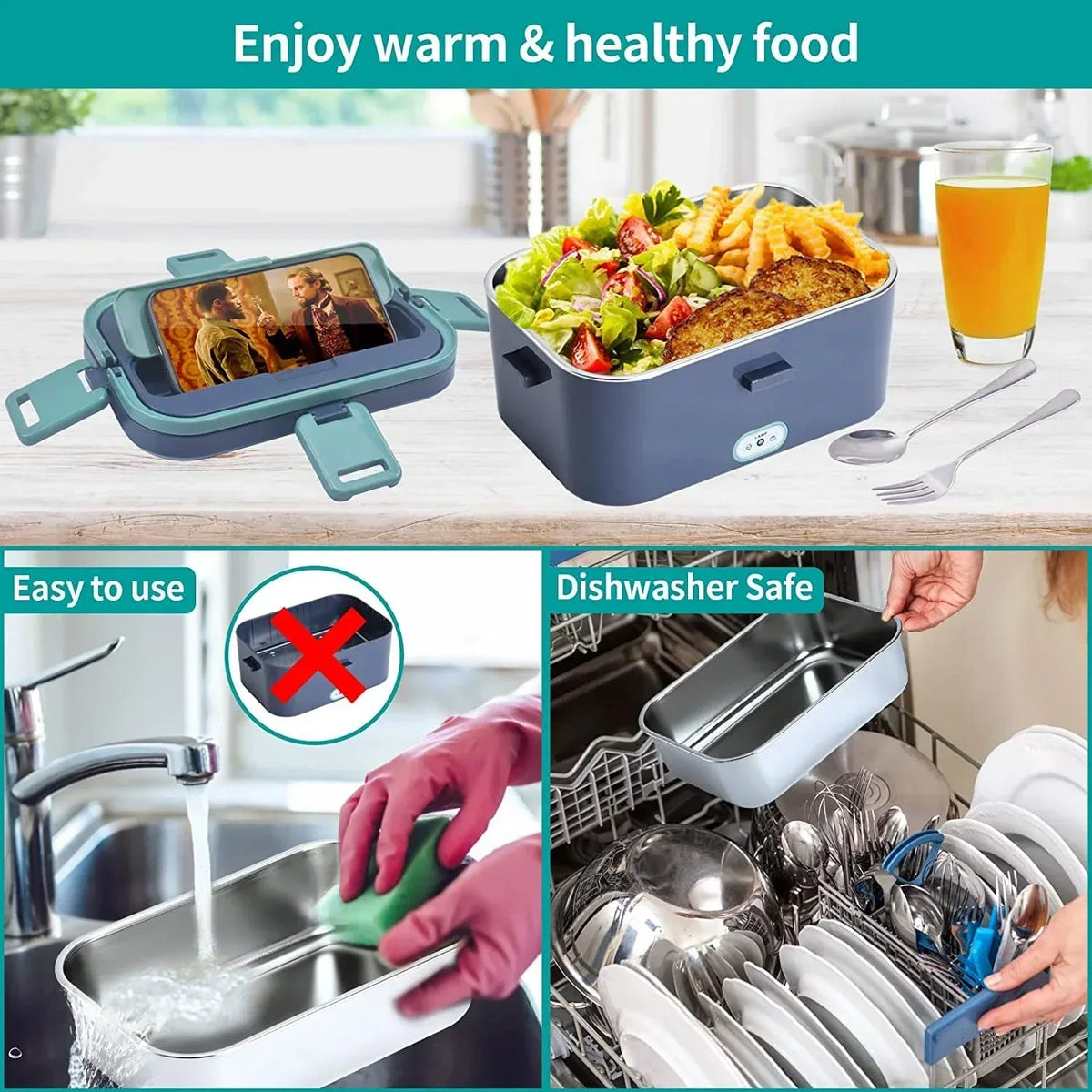 Livhil Electric Lunch Box Food Heater, Portable Food Warmer, Hot Lunch Warmer Heated Lunch Box for Adults, 60W 1.8L 12V-24V 110V Stainless Steel Container Portable Food Heater (Green+Royal Blue)
